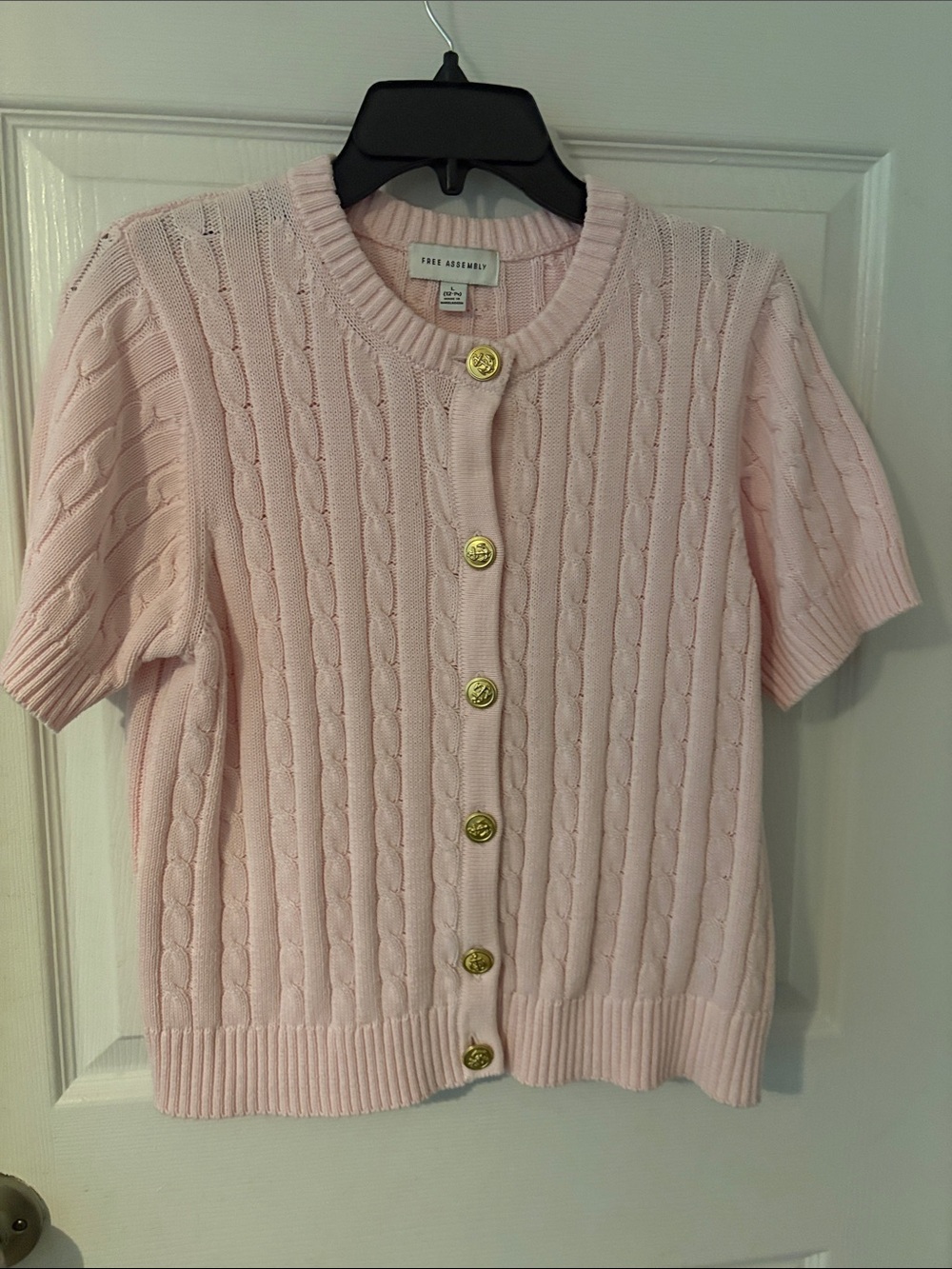 Free Assembly Pink Cable-Knit Short Sleeve Cardigan with Gold Buttons